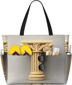 Antique Building with Roman Olive Branch and Greek Print Large Capacity Foldable Washable Zipper Beach Travel Tote Bag ShoppingBag