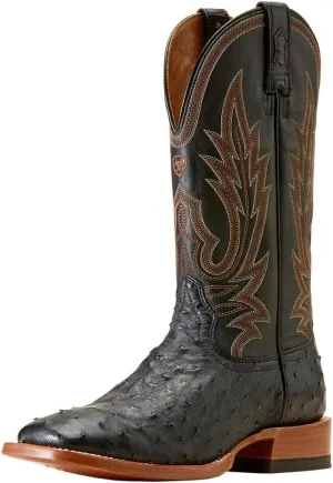 ARIAT Mens Showboat Black Full Quill Ostrich Vamp Ancient Black Top Boot
