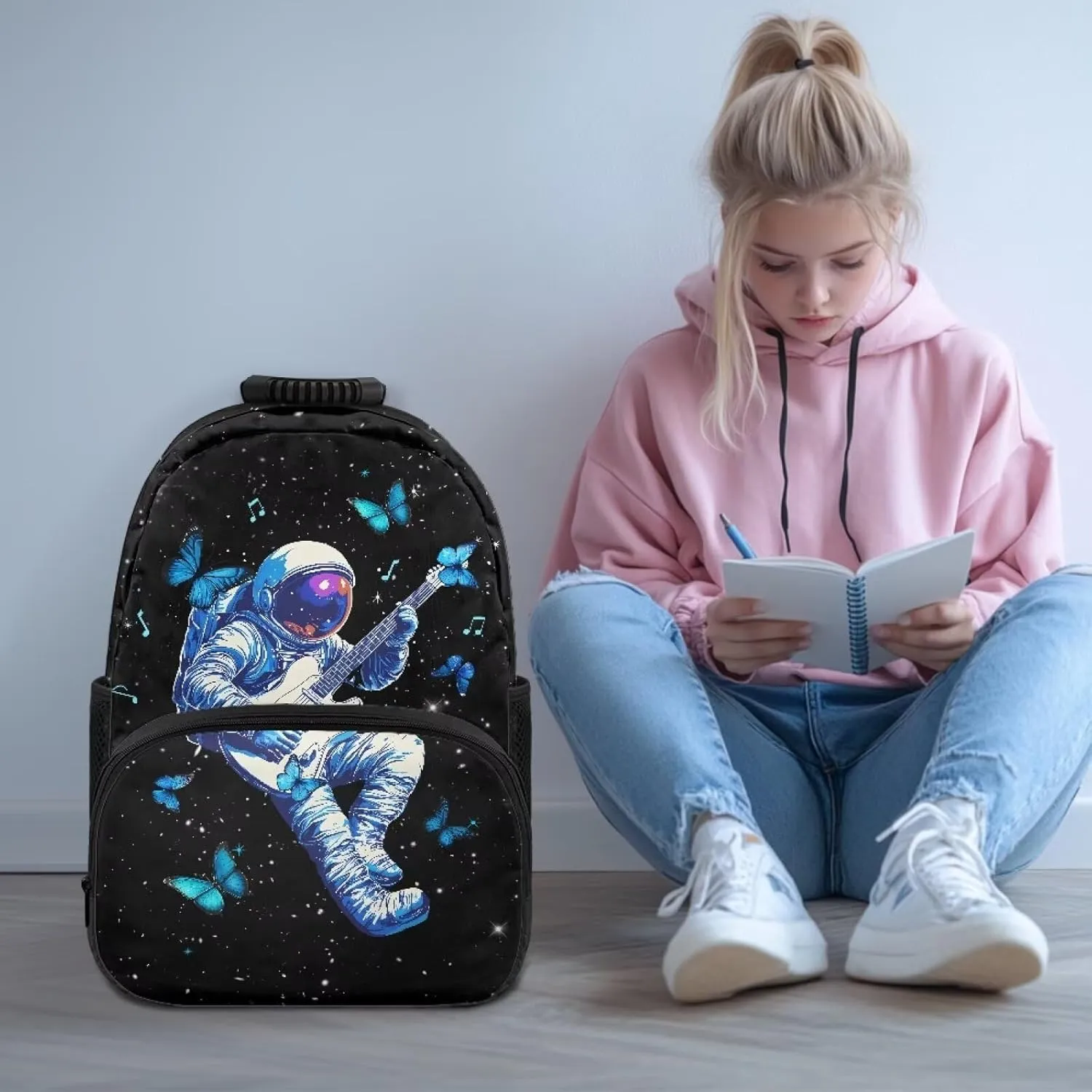 Astronaut School Backpack Bag Butterfly Fully Printed College Bag with 2 Compartments 17 Inch Popular Large Backpacks Travel Business Hiking Fit
