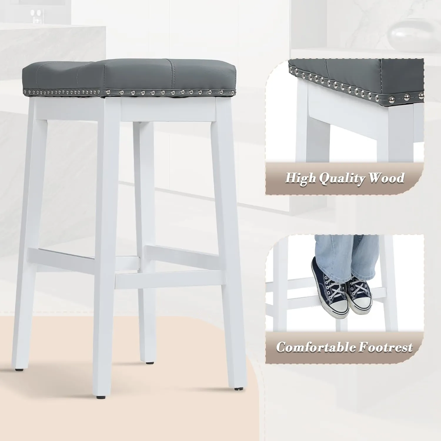 Athena Collection Counter Height Bar Stools Set of 2, 29.5 Inches Backless Saddle Bar Stools with Leather Upholstered and Nailhead Trim, Barstools for Counter, Kitchen Island, Dining Room, Grey