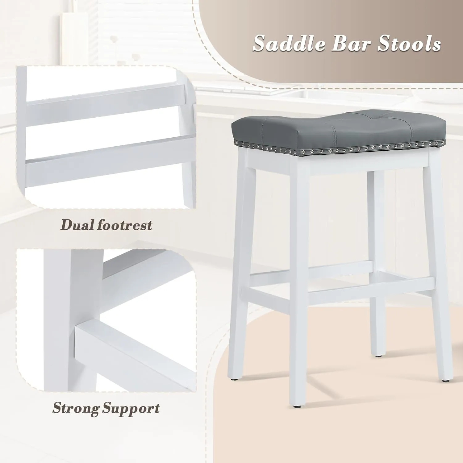 Athena Collection Counter Height Bar Stools Set of 2, 29.5 Inches Backless Saddle Bar Stools with Leather Upholstered and Nailhead Trim, Barstools for Counter, Kitchen Island, Dining Room, Grey