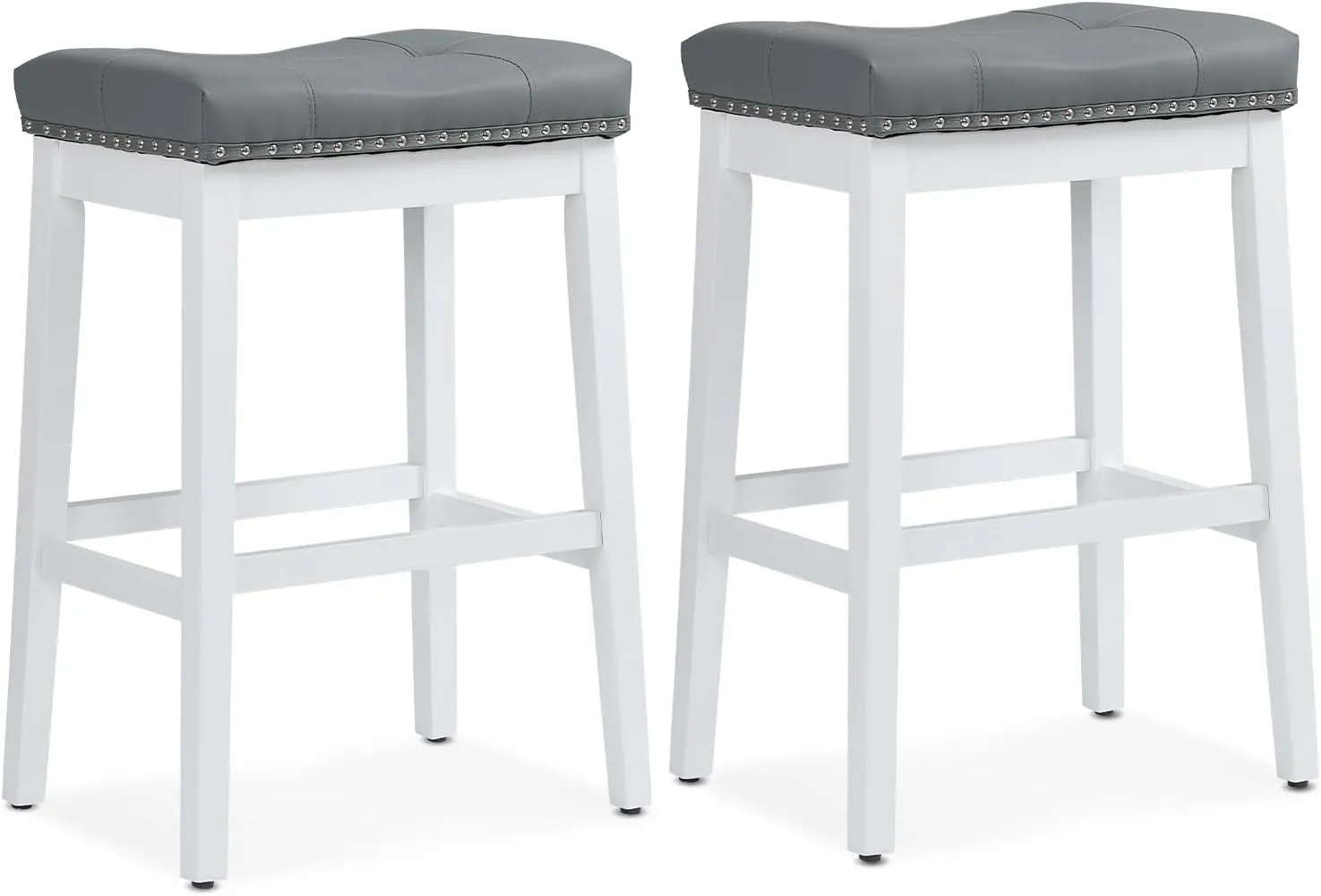 Athena Collection Counter Height Bar Stools Set of 2, 29.5 Inches Backless Saddle Bar Stools with Leather Upholstered and Nailhead Trim, Barstools for Counter, Kitchen Island, Dining Room, Grey