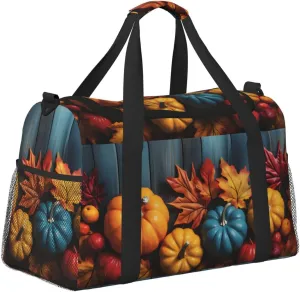 Autumn Pumpkin Wood Duffle Bag Foldable Travel Tote Bag Carry On Large Weekender Overnight Bags Waterproof Gym Bag For Women Men