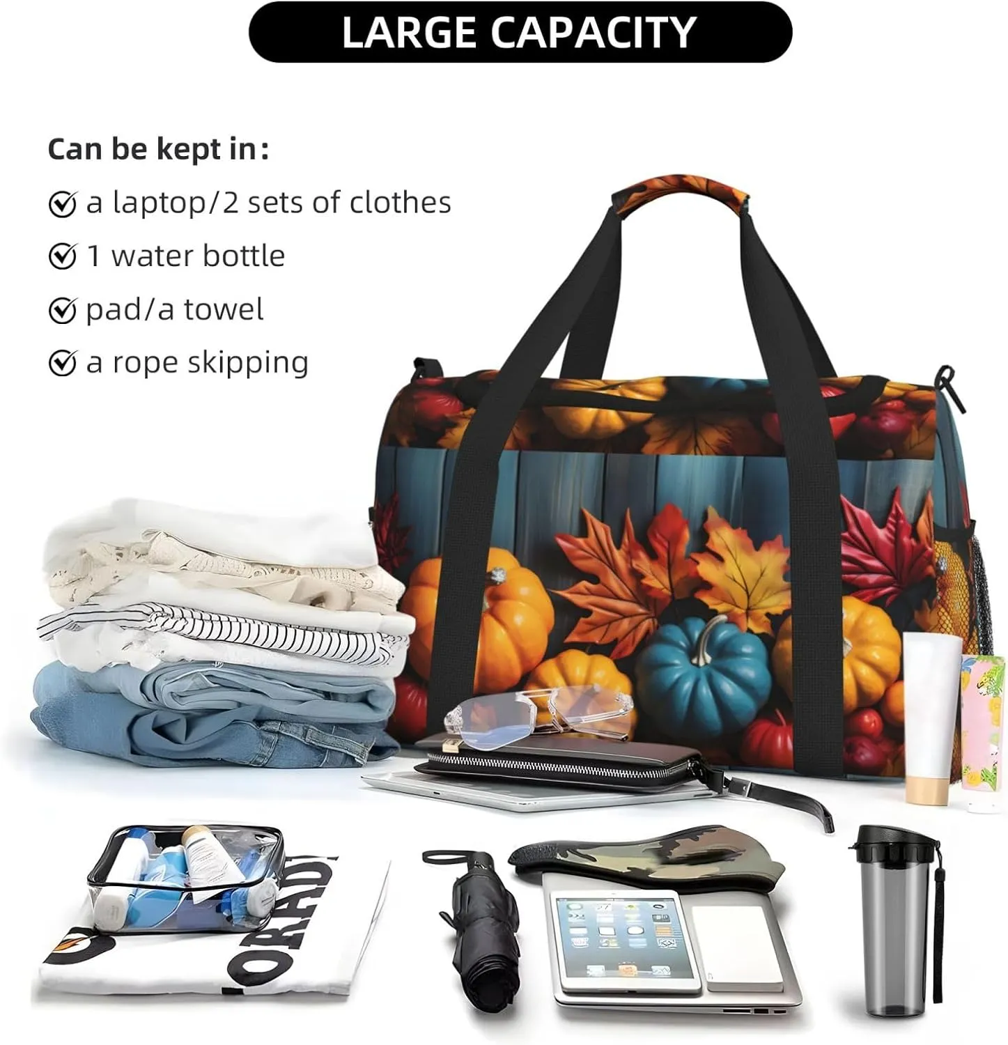 Autumn Pumpkin Wood Duffle Bag Foldable Travel Tote Bag Carry On Large Weekender Overnight Bags Waterproof Gym Bag For Women Men
