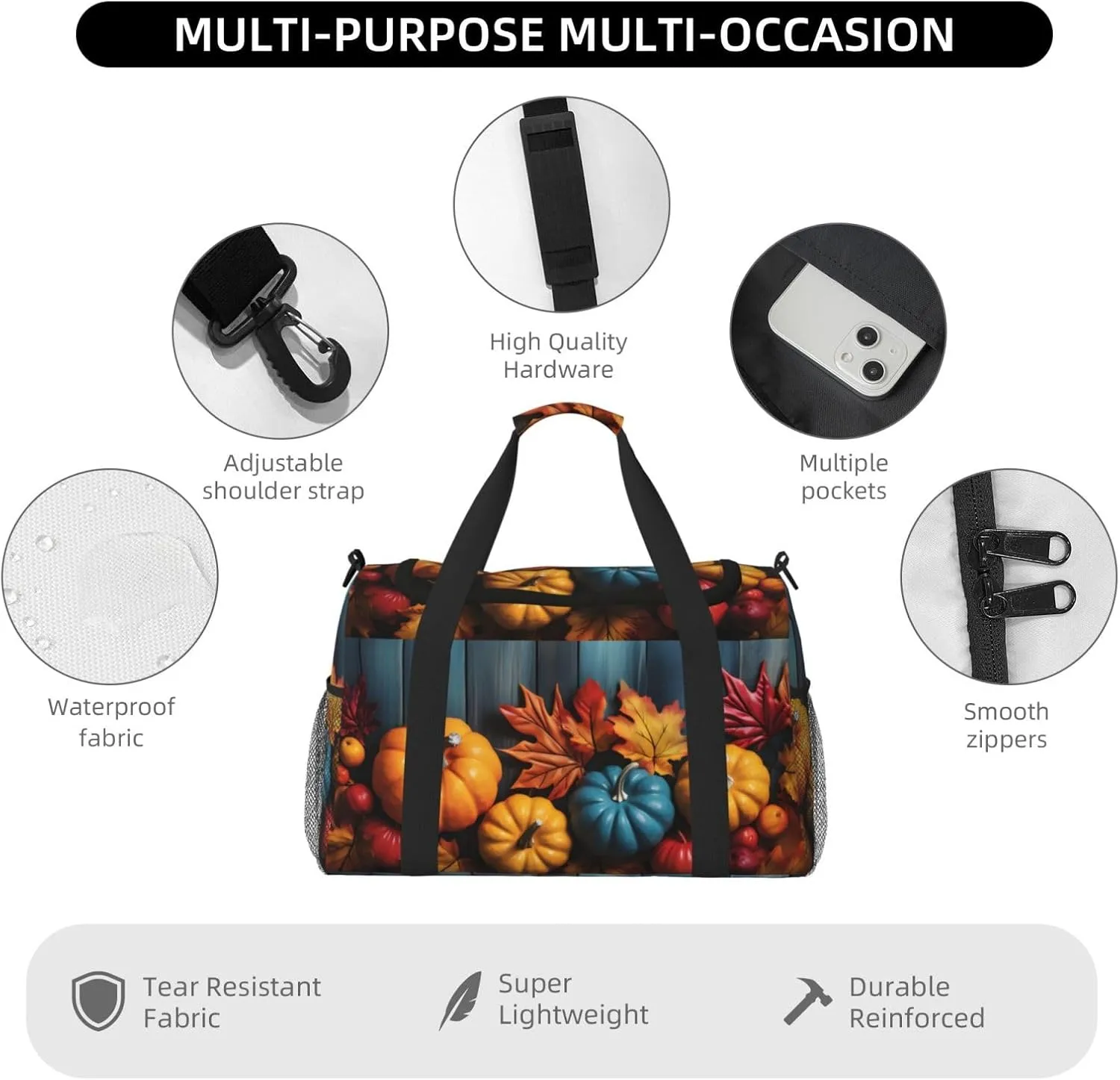 Autumn Pumpkin Wood Duffle Bag Foldable Travel Tote Bag Carry On Large Weekender Overnight Bags Waterproof Gym Bag For Women Men