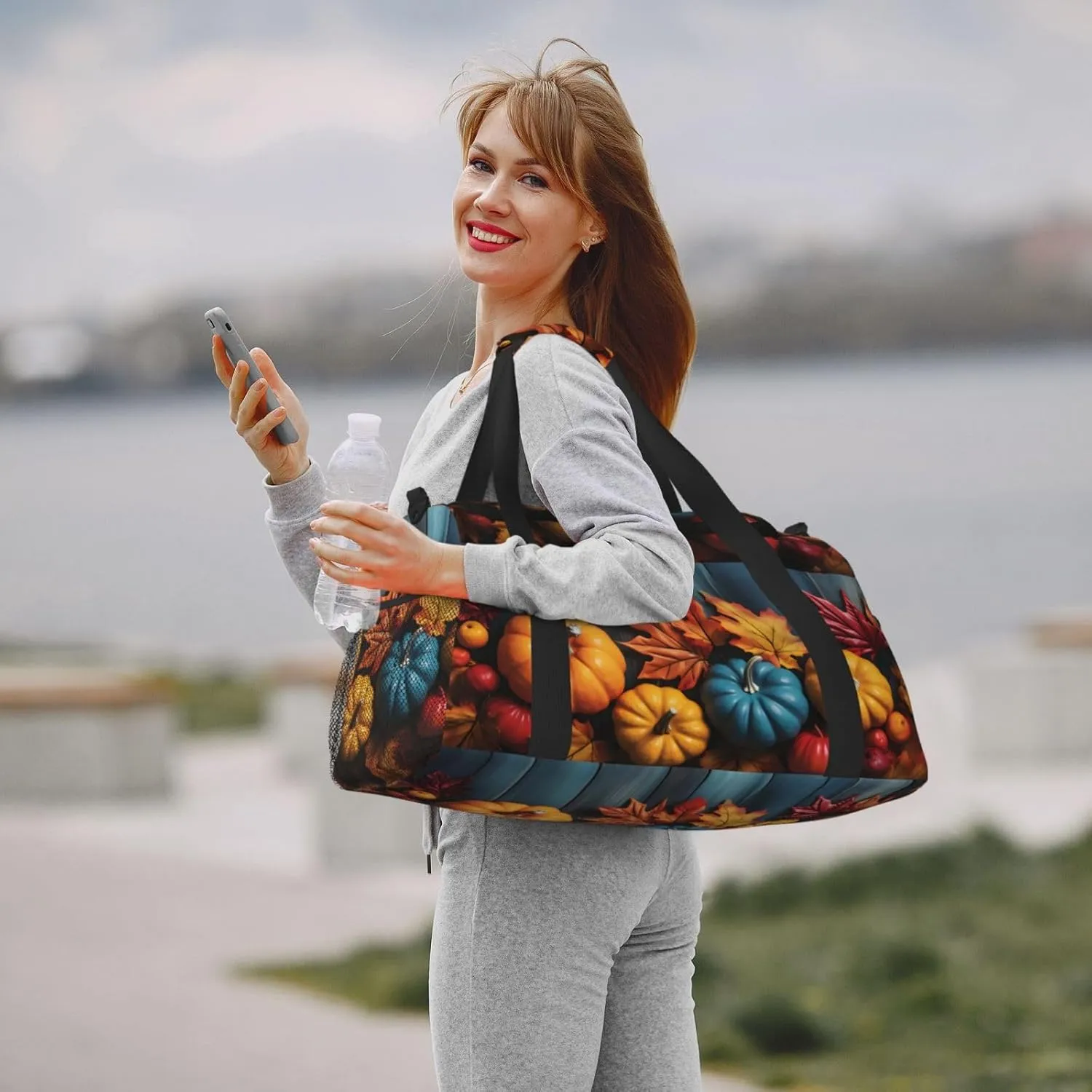 Autumn Pumpkin Wood Duffle Bag Foldable Travel Tote Bag Carry On Large Weekender Overnight Bags Waterproof Gym Bag For Women Men