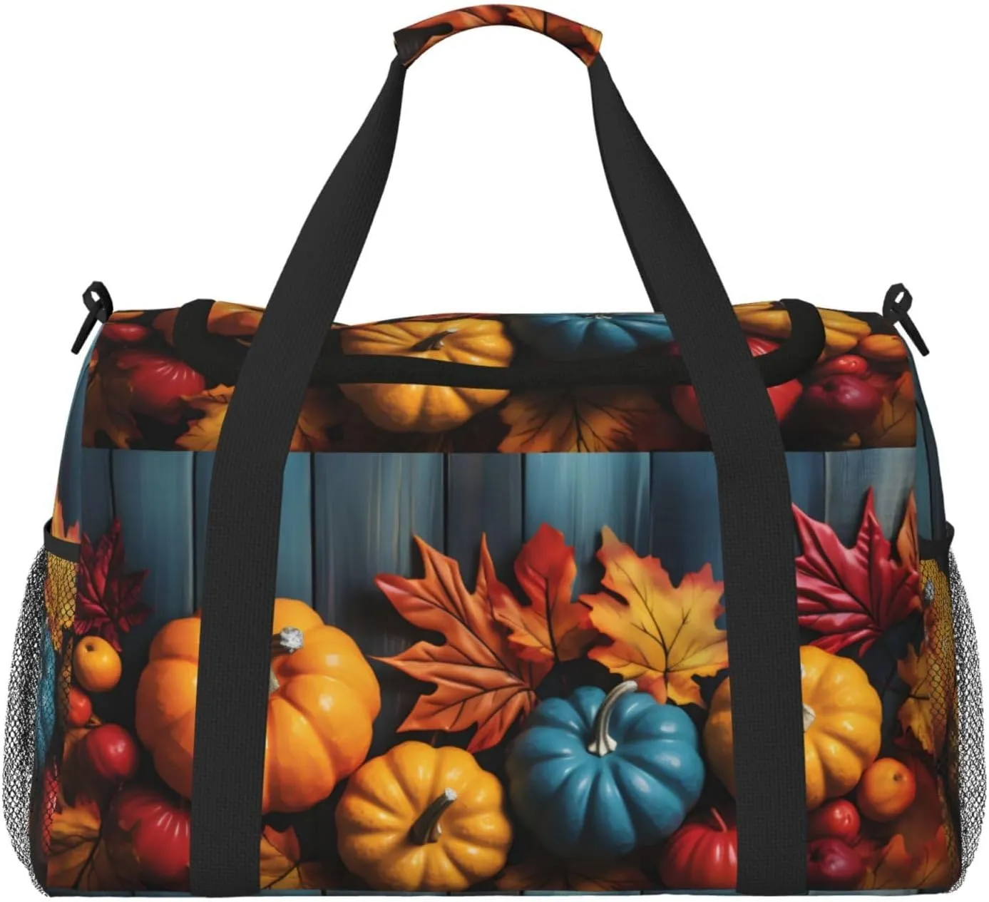 Autumn Pumpkin Wood Duffle Bag Foldable Travel Tote Bag Carry On Large Weekender Overnight Bags Waterproof Gym Bag For Women Men