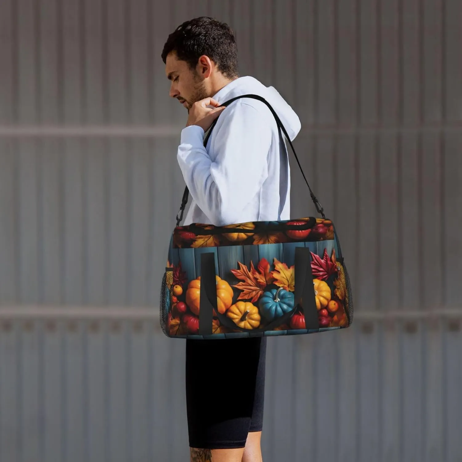 Autumn Pumpkin Wood Duffle Bag Foldable Travel Tote Bag Carry On Large Weekender Overnight Bags Waterproof Gym Bag For Women Men