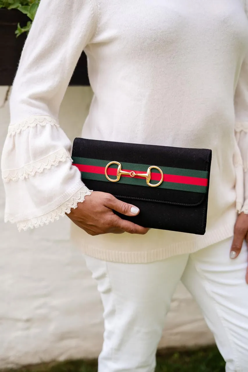 Avery Clutch - Green and Red Striped Band with Snaffle