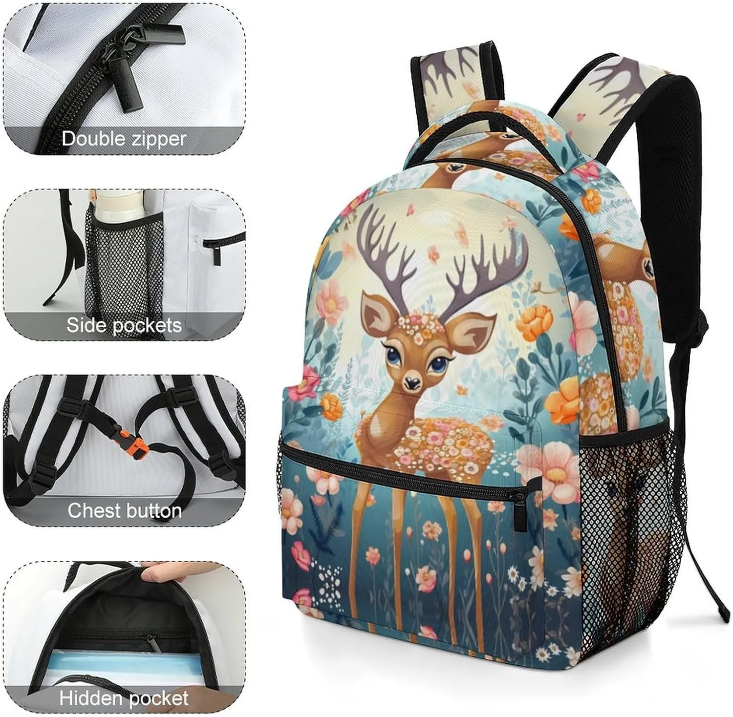 Backpacks Cartoon Deer Flower Travel Bag Laptop Backpack Casual Daypack for Weekender Business Hiking
