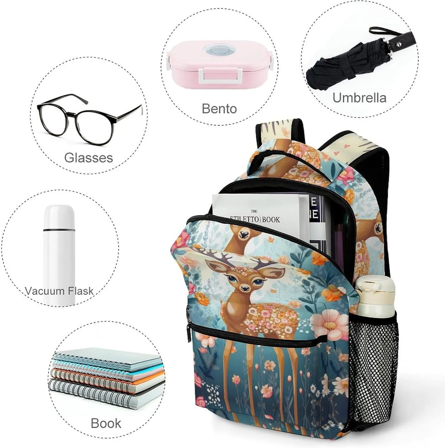 Backpacks Cartoon Deer Flower Travel Bag Laptop Backpack Casual Daypack for Weekender Business Hiking