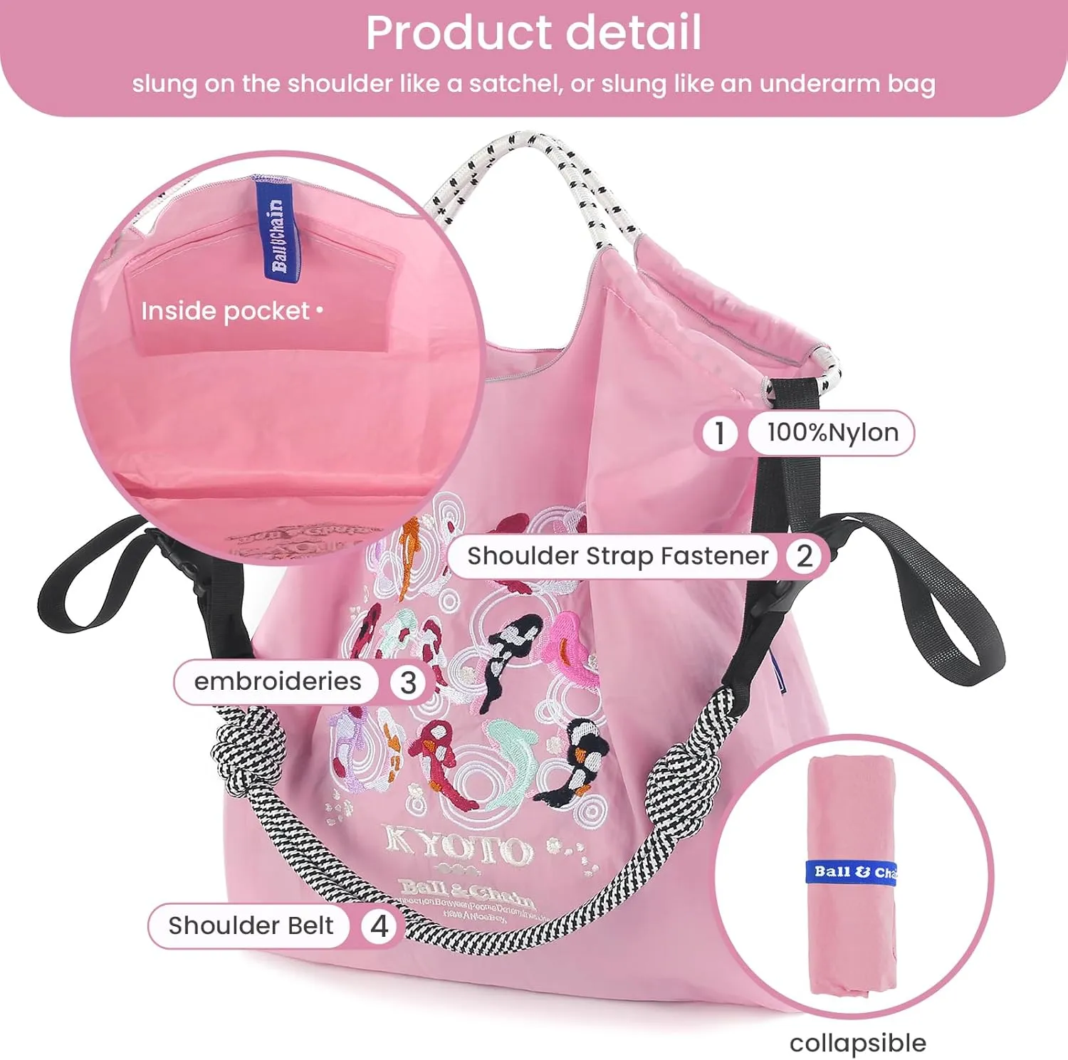 Ball&Chain Tote Bag With Embroidery Koi Fish，Personalized Present Bag Everything Tote Bag with Compartments