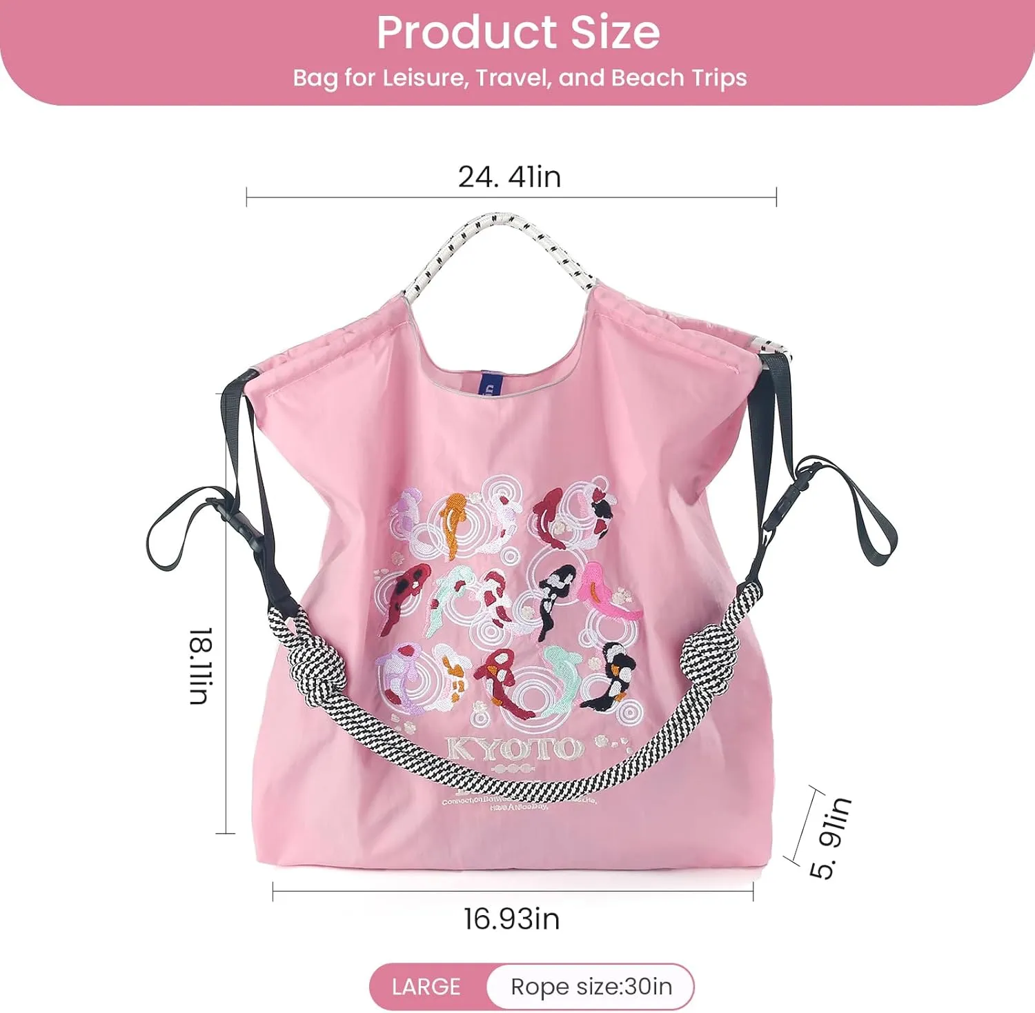 Ball&Chain Tote Bag With Embroidery Koi Fish，Personalized Present Bag Everything Tote Bag with Compartments