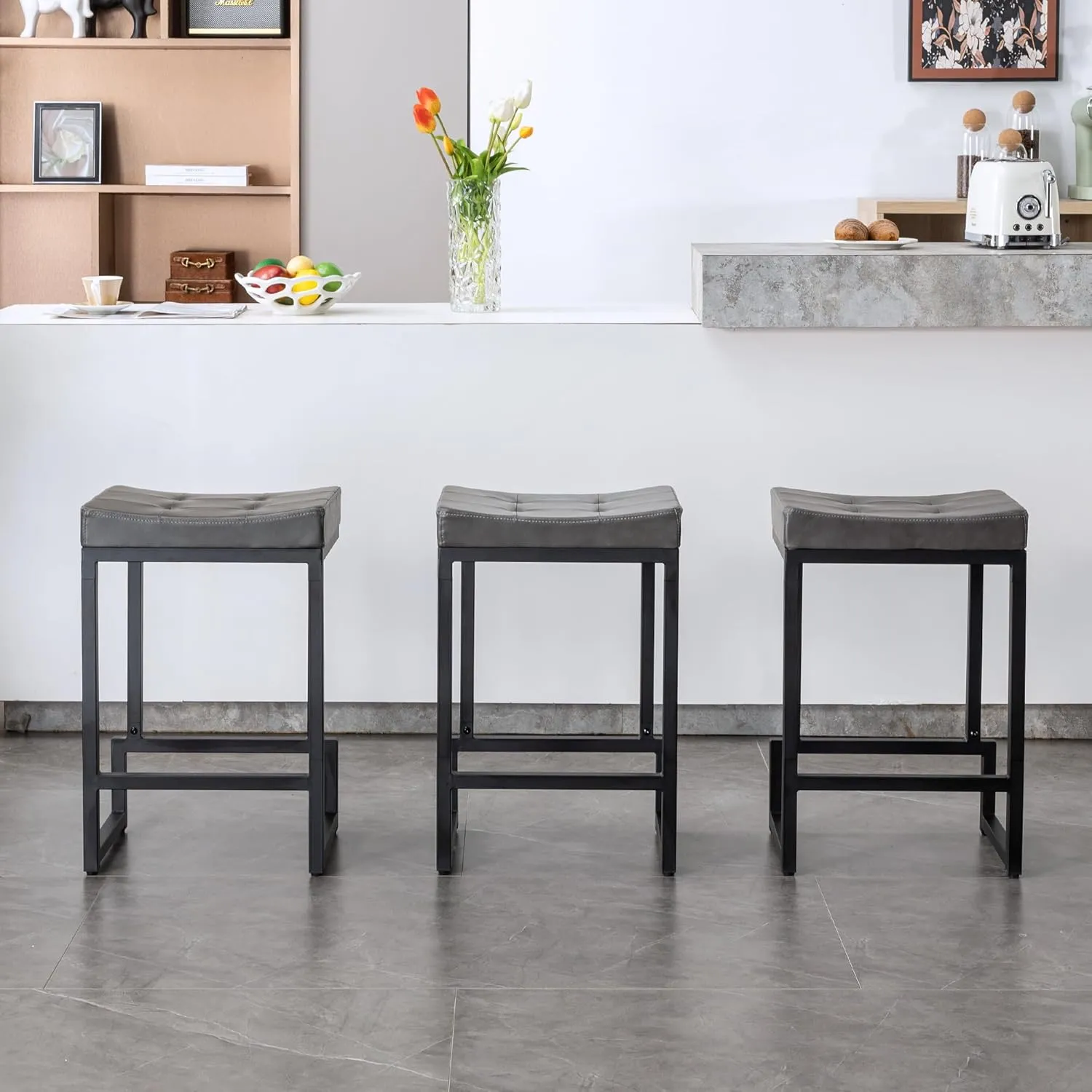 Bar Stools Set of 3, 24" Counter Height Bar Stools, Faux Leather Barstools for Kitchen Island, Backless Saddle Stools with Metal Legs (Grey, 3PCS 24" Counter Stools)