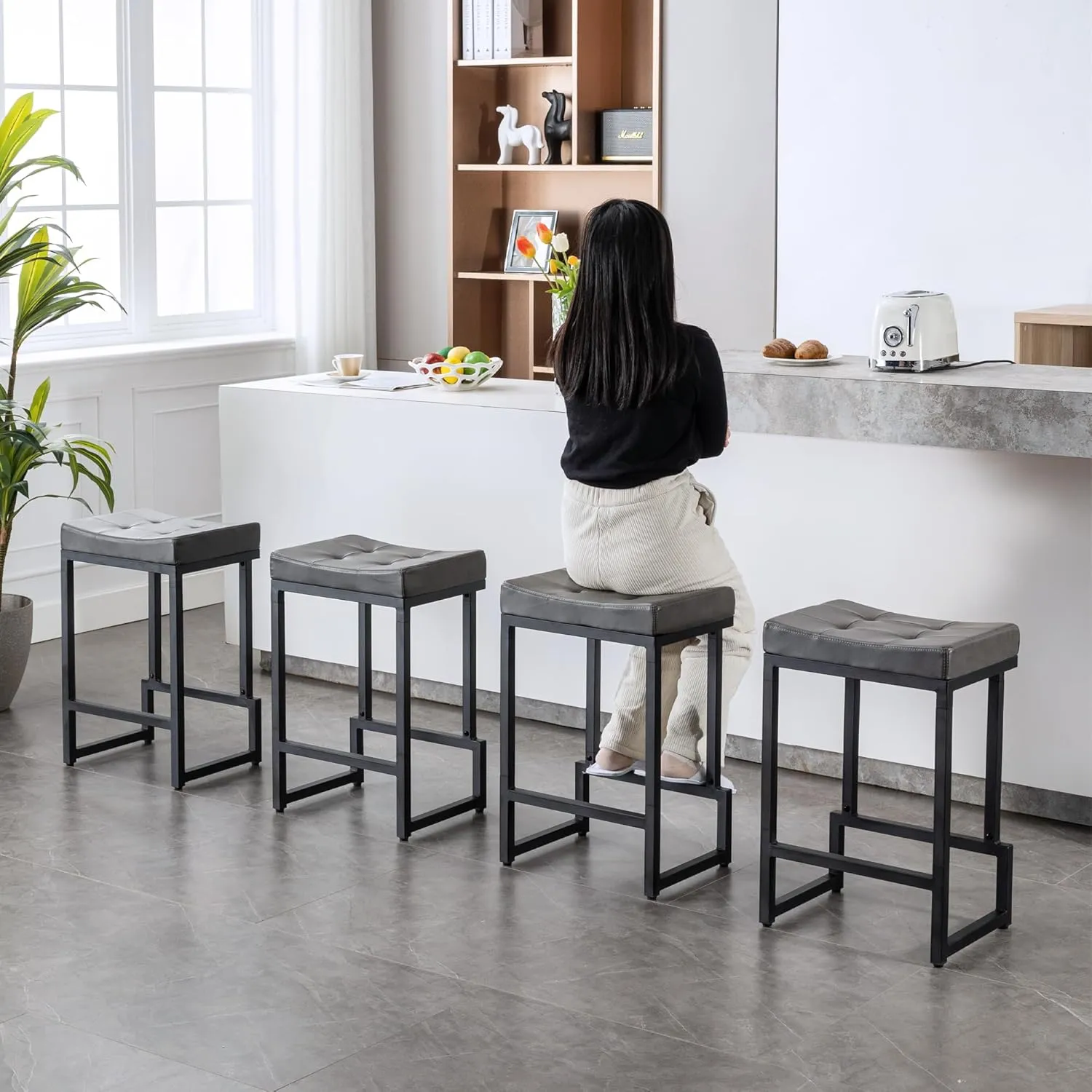 Bar Stools Set of 3, 24" Counter Height Bar Stools, Faux Leather Barstools for Kitchen Island, Backless Saddle Stools with Metal Legs (Grey, 3PCS 24" Counter Stools)