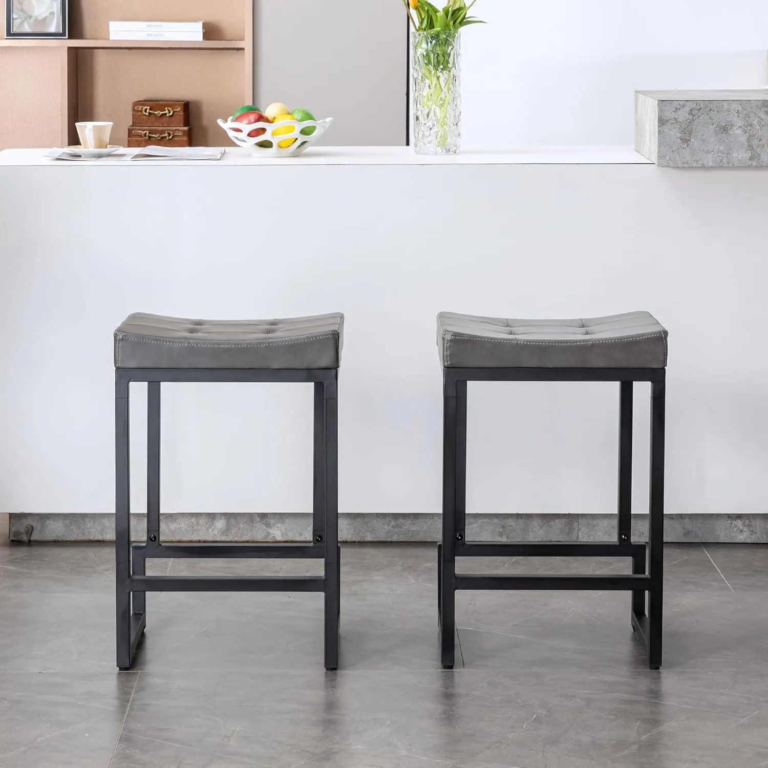 Bar Stools Set of 3, 24" Counter Height Bar Stools, Faux Leather Barstools for Kitchen Island, Backless Saddle Stools with Metal Legs (Grey, 3PCS 24" Counter Stools)