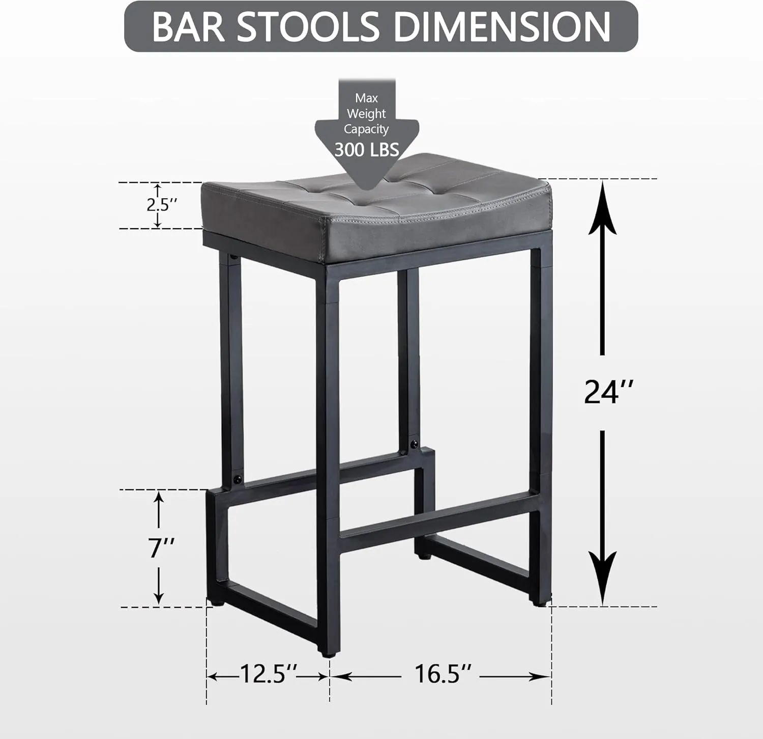 Bar Stools Set of 3, 24" Counter Height Bar Stools, Faux Leather Barstools for Kitchen Island, Backless Saddle Stools with Metal Legs (Grey, 3PCS 24" Counter Stools)