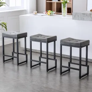 Bar Stools Set of 3, 24" Counter Height Bar Stools, Faux Leather Barstools for Kitchen Island, Backless Saddle Stools with Metal Legs (Grey, 3PCS 24" Counter Stools)