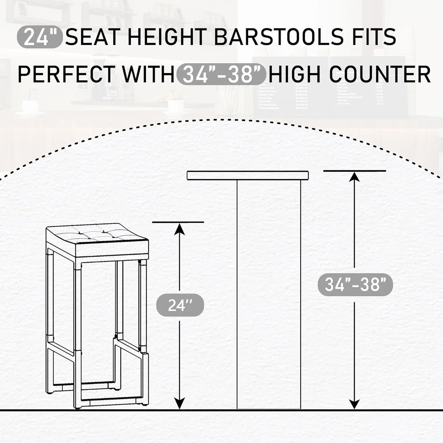 Bar Stools Set of 3, 24" Counter Height Bar Stools, Faux Leather Barstools for Kitchen Island, Backless Saddle Stools with Metal Legs (Grey, 3PCS 24" Counter Stools)