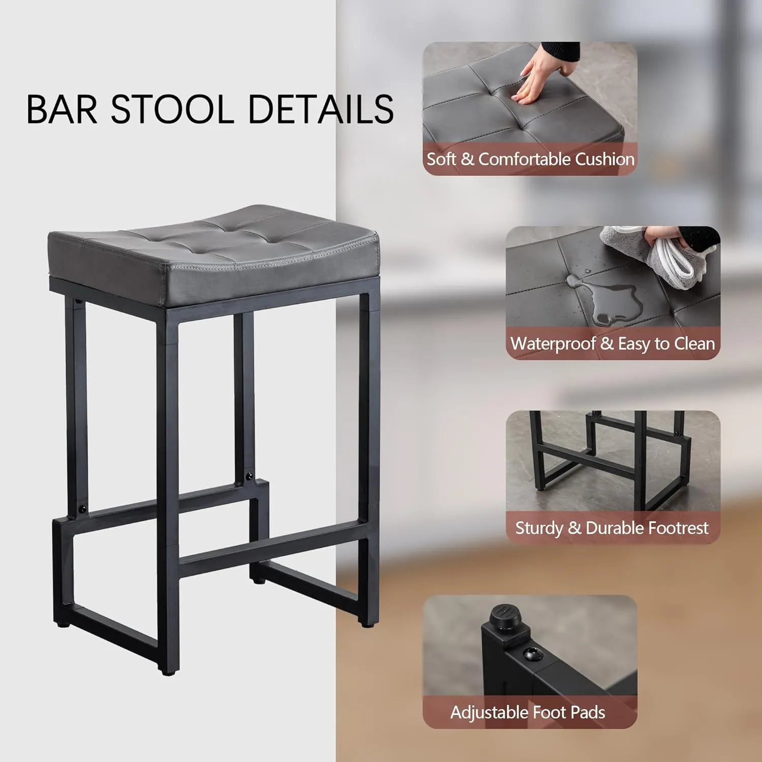 Bar Stools Set of 3, 24" Counter Height Bar Stools, Faux Leather Barstools for Kitchen Island, Backless Saddle Stools with Metal Legs (Grey, 3PCS 24" Counter Stools)