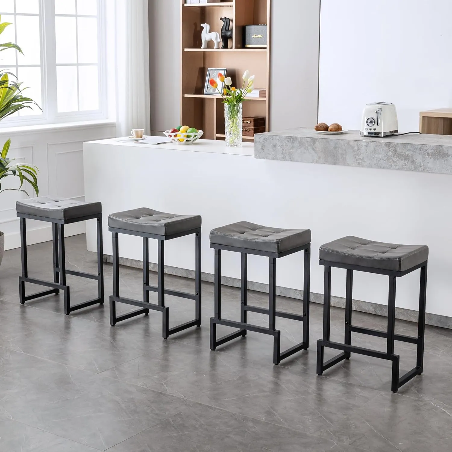 Bar Stools Set of 3, 24" Counter Height Bar Stools, Faux Leather Barstools for Kitchen Island, Backless Saddle Stools with Metal Legs (Grey, 3PCS 24" Counter Stools)