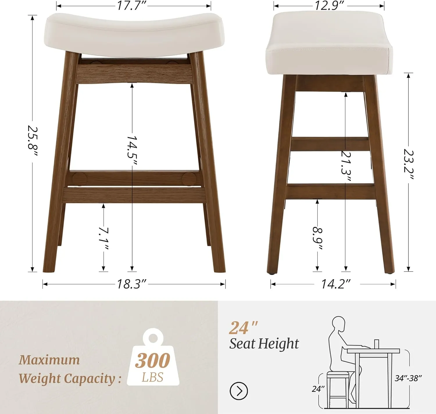 Bar Stools Set of 3, Barstools with Sturdy Wood Legs, Saddle Seat Counter Height Bar Stools for Kitchen Counter, Bar, Dining, 24 Inch Farmhouse Counter Stools, Antique White Leather