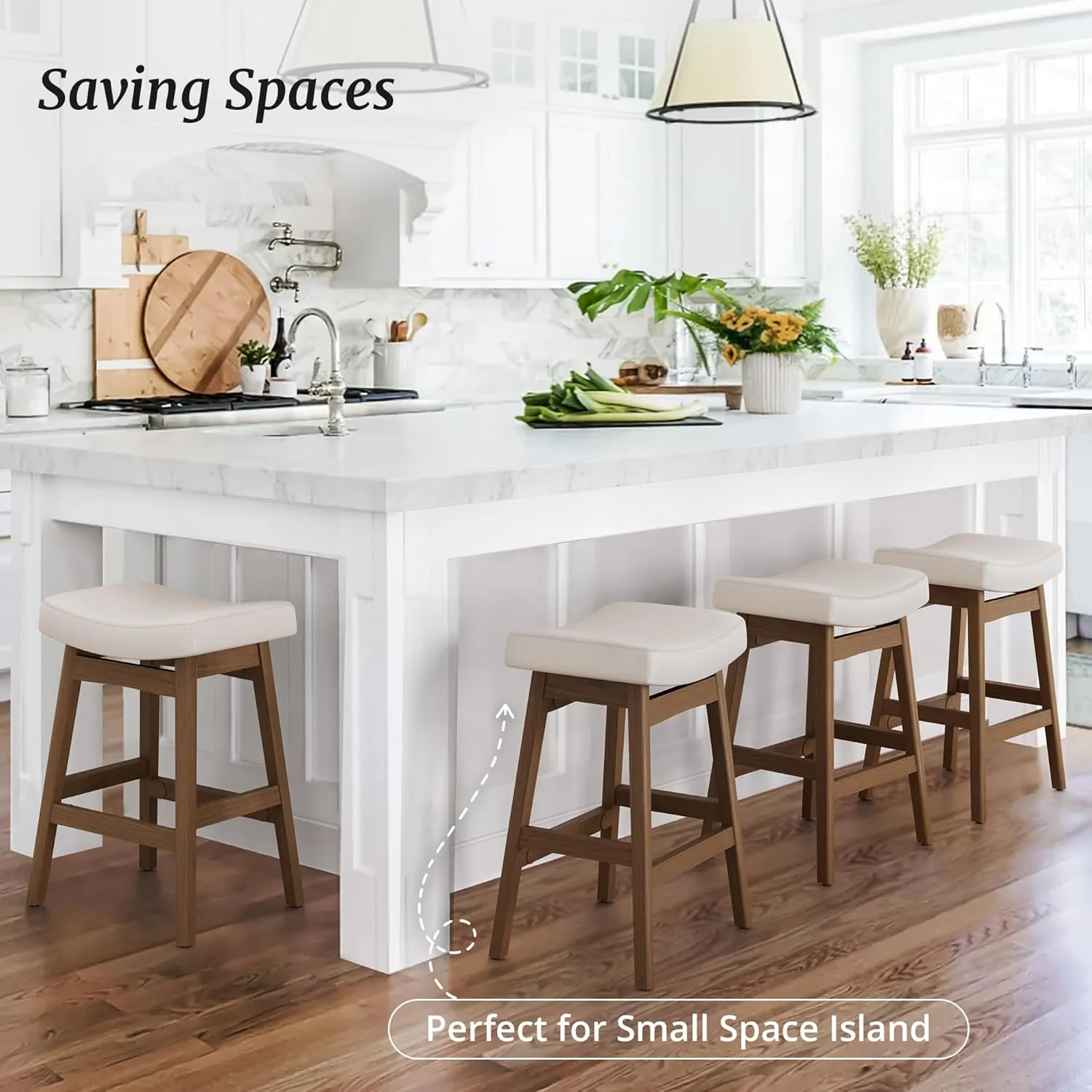 Bar Stools Set of 3, Barstools with Sturdy Wood Legs, Saddle Seat Counter Height Bar Stools for Kitchen Counter, Bar, Dining, 24 Inch Farmhouse Counter Stools, Antique White Leather