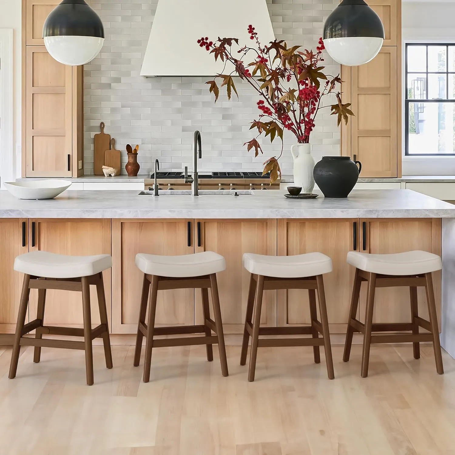 Bar Stools Set of 3, Barstools with Sturdy Wood Legs, Saddle Seat Counter Height Bar Stools for Kitchen Counter, Bar, Dining, 24 Inch Farmhouse Counter Stools, Antique White Leather