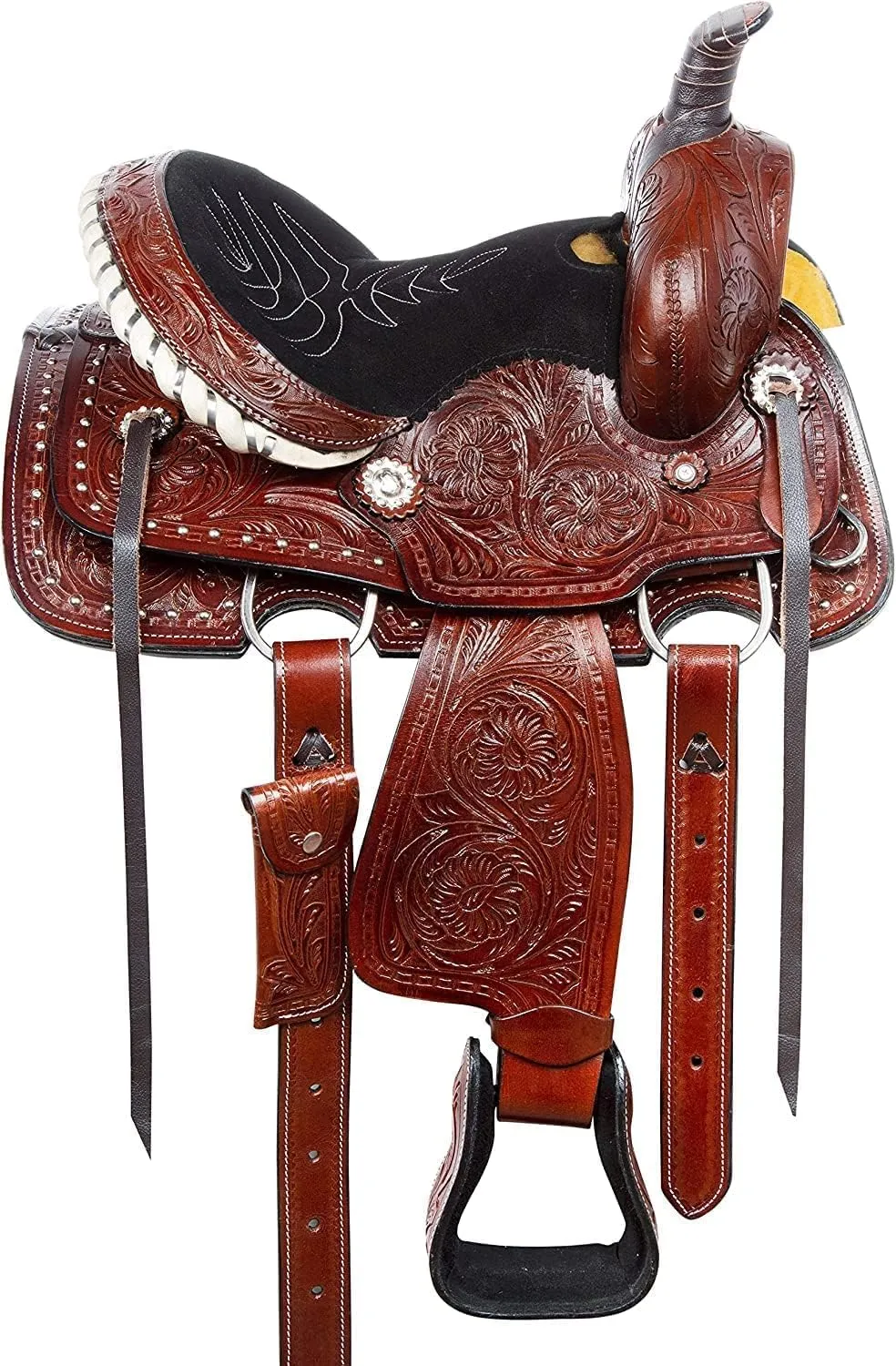 Barrel Racer Show Trail Riding Tooled Leather Western Saddle Tack Horse and Pony Size 10 to 18 Inches Seat