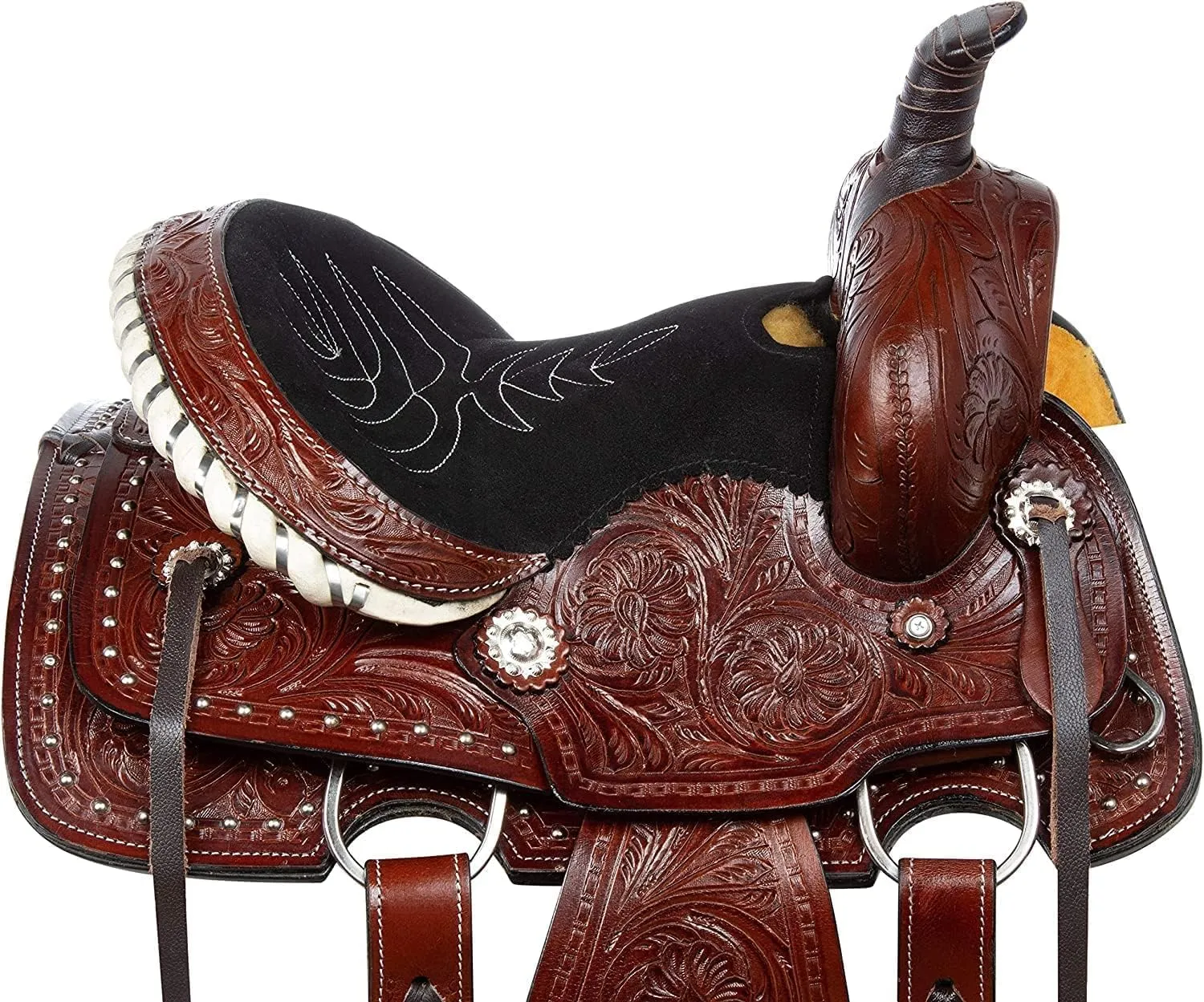 Barrel Racer Show Trail Riding Tooled Leather Western Saddle Tack Horse and Pony Size 10 to 18 Inches Seat