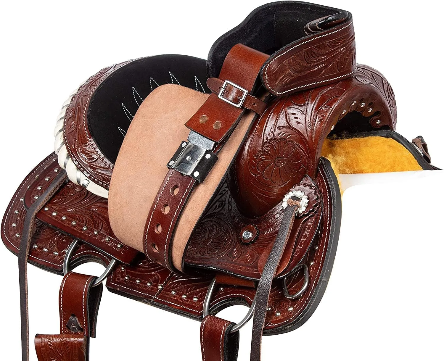 Barrel Racer Show Trail Riding Tooled Leather Western Saddle Tack Horse and Pony Size 10 to 18 Inches Seat