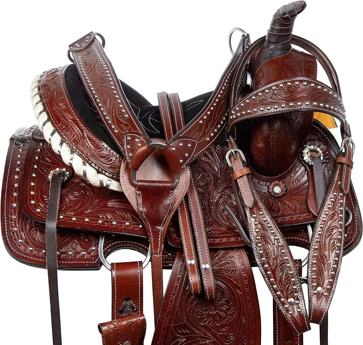 Barrel Racer Show Trail Riding Tooled Leather Western Saddle Tack Horse and Pony Size 10 to 18 Inches Seat