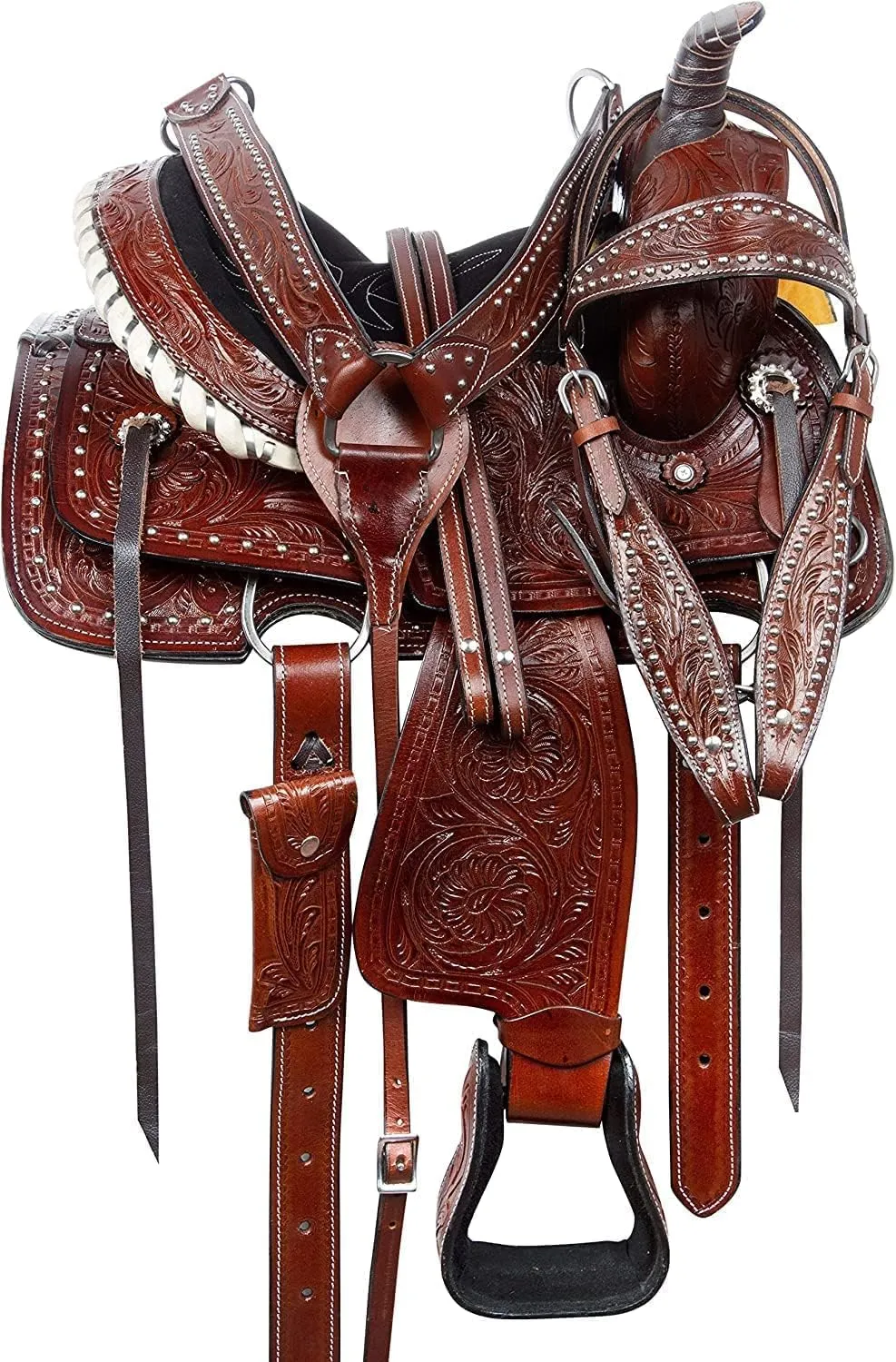 Barrel Racer Show Trail Riding Tooled Leather Western Saddle Tack Horse and Pony Size 10 to 18 Inches Seat