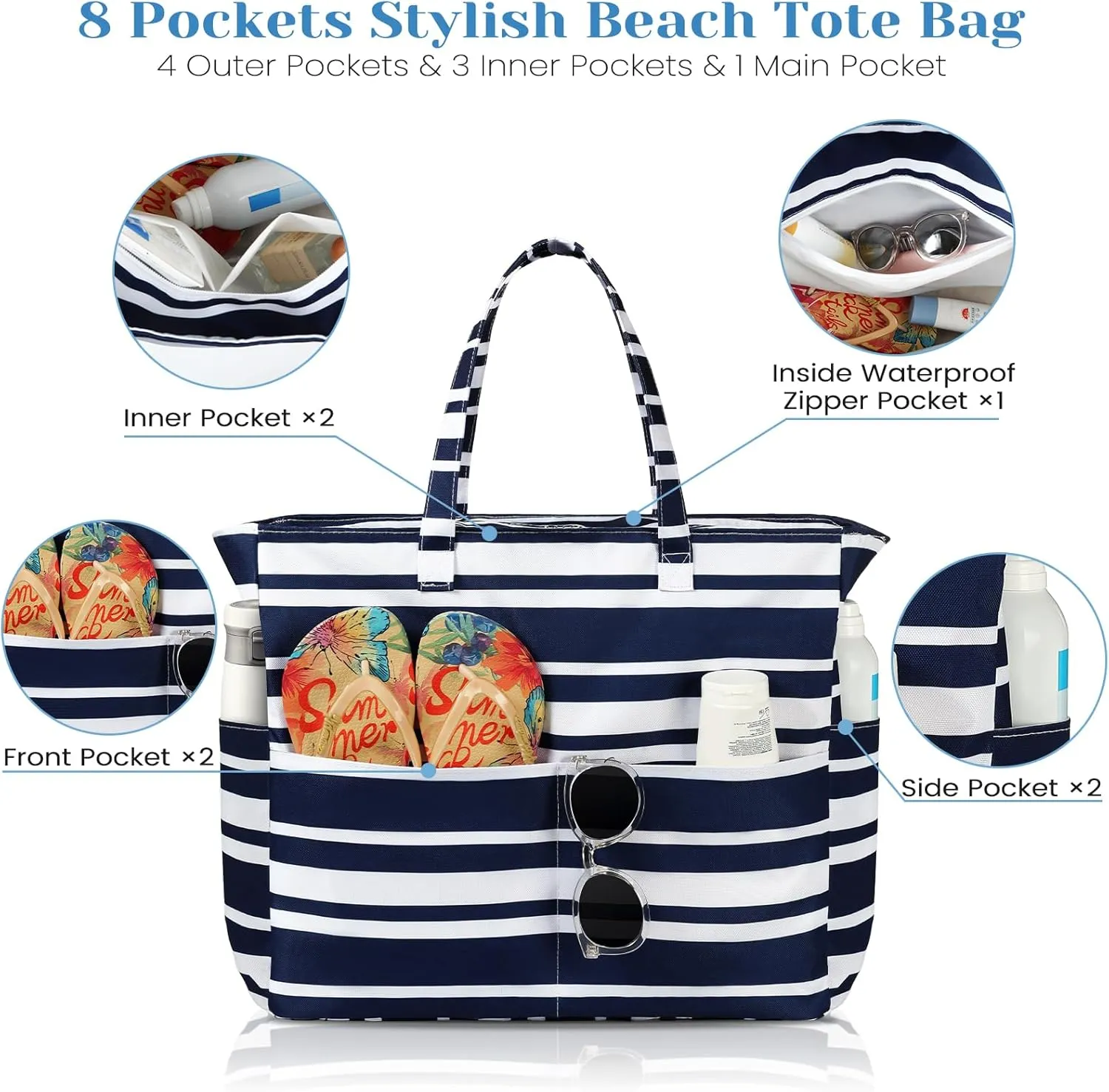 Beach Bags for Women Waterproof Sandproof Women Tote Bag, Large Beach Bag with Zipper for Gym Travel Vocation