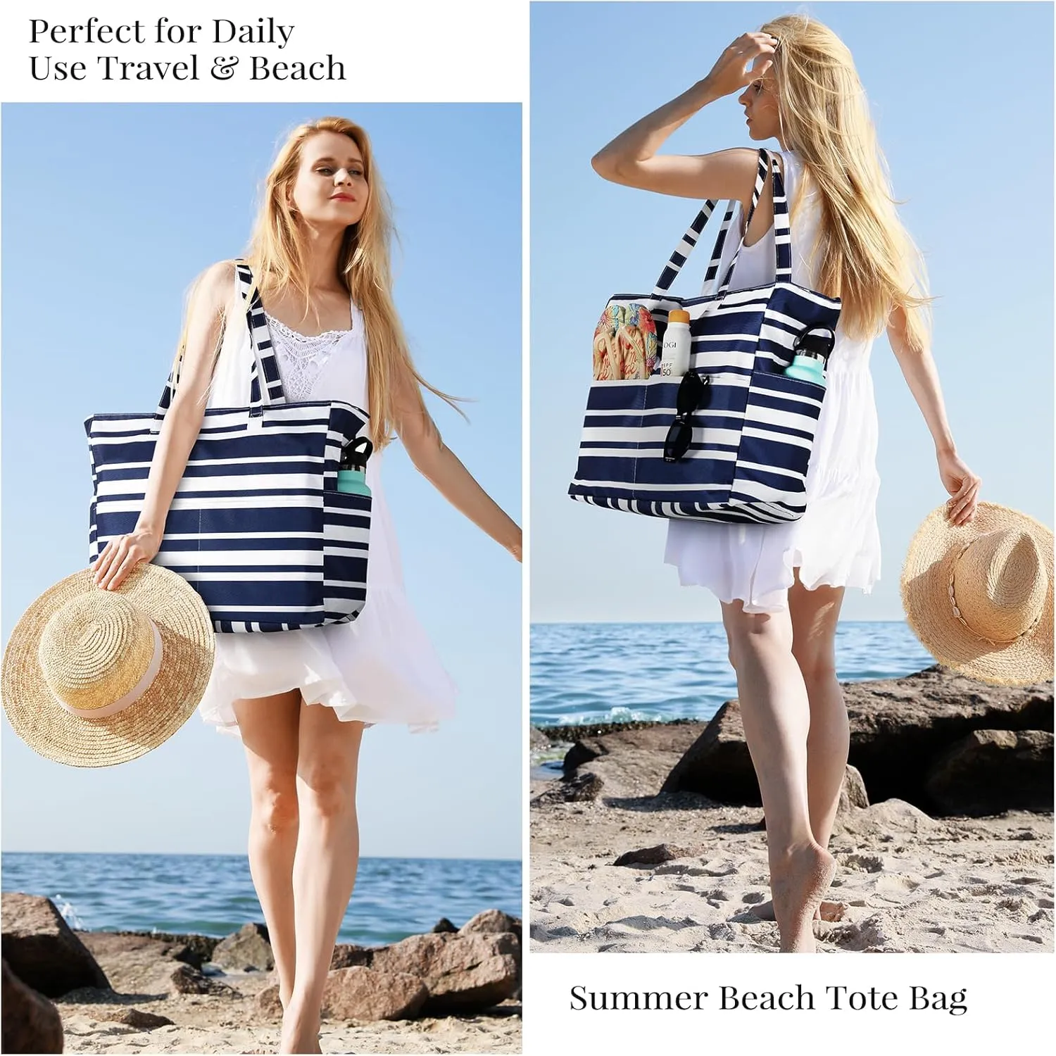 Beach Bags for Women Waterproof Sandproof Women Tote Bag, Large Beach Bag with Zipper for Gym Travel Vocation