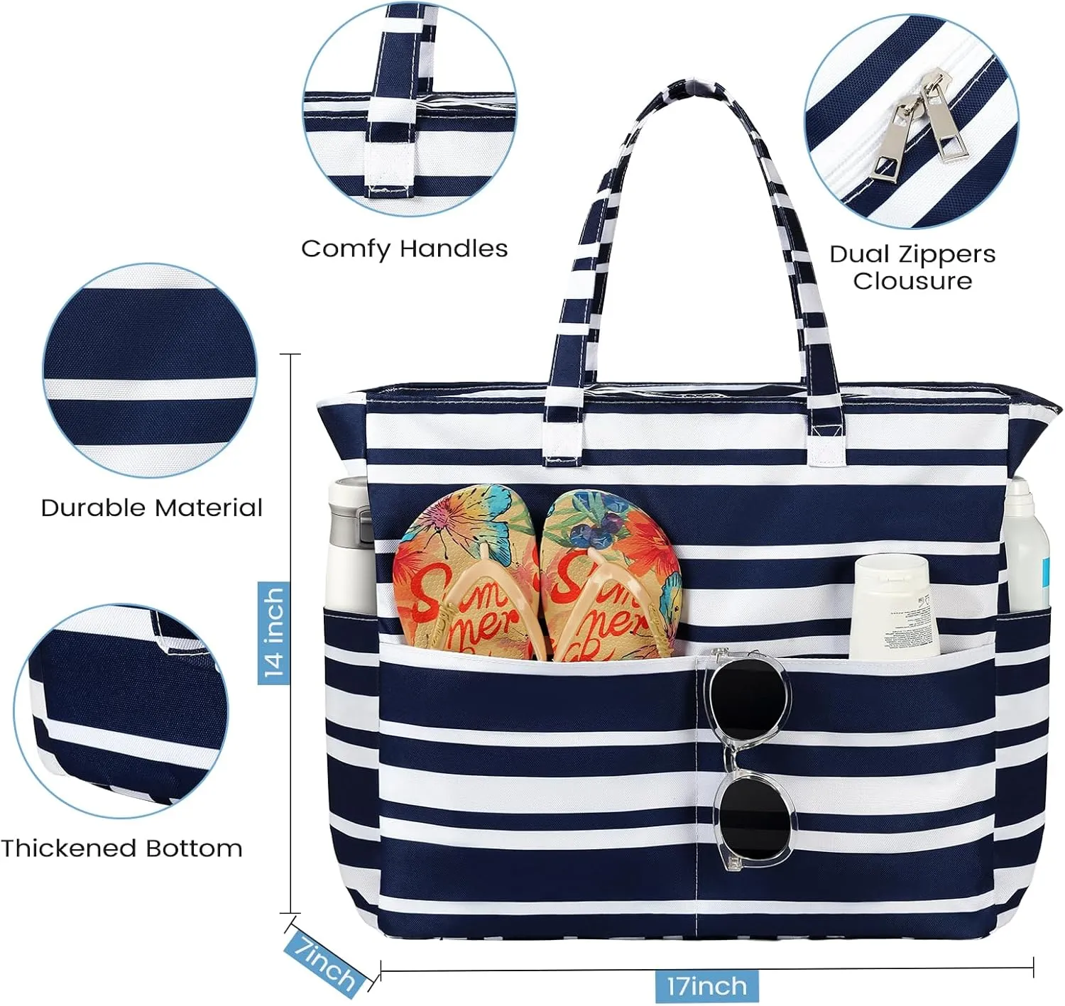 Beach Bags for Women Waterproof Sandproof Women Tote Bag, Large Beach Bag with Zipper for Gym Travel Vocation