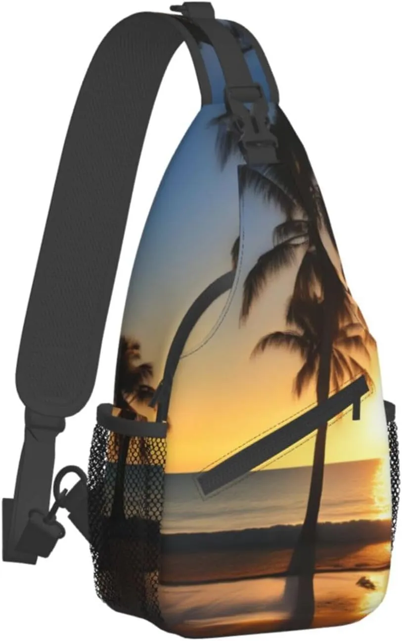 Beach Sunrise And Backlit Palm Tree Unisex Casual Diagonal Chest Bag,Multipurpose Crossbody Shoulder Bag Travel Hiking Daypack