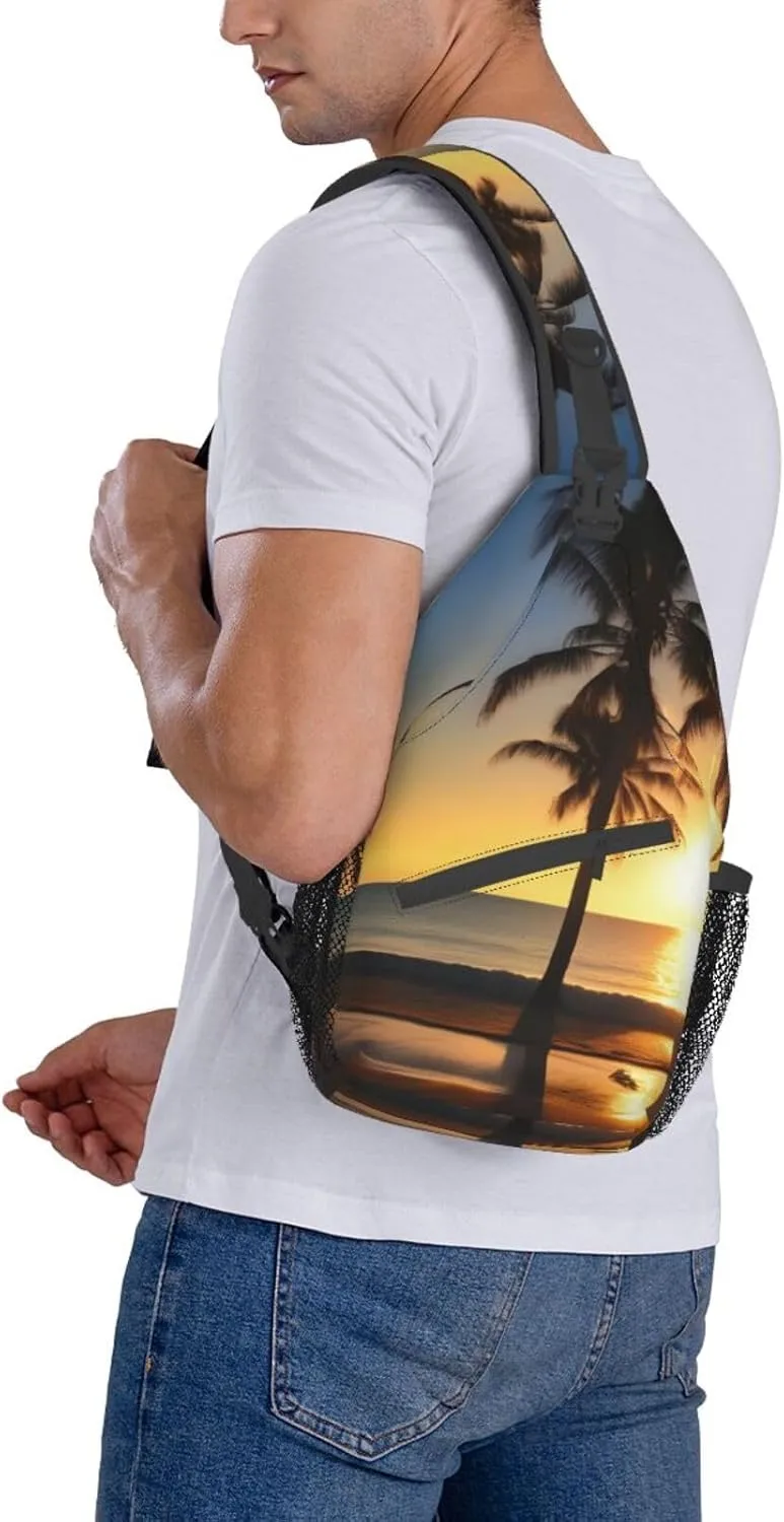 Beach Sunrise And Backlit Palm Tree Unisex Casual Diagonal Chest Bag,Multipurpose Crossbody Shoulder Bag Travel Hiking Daypack