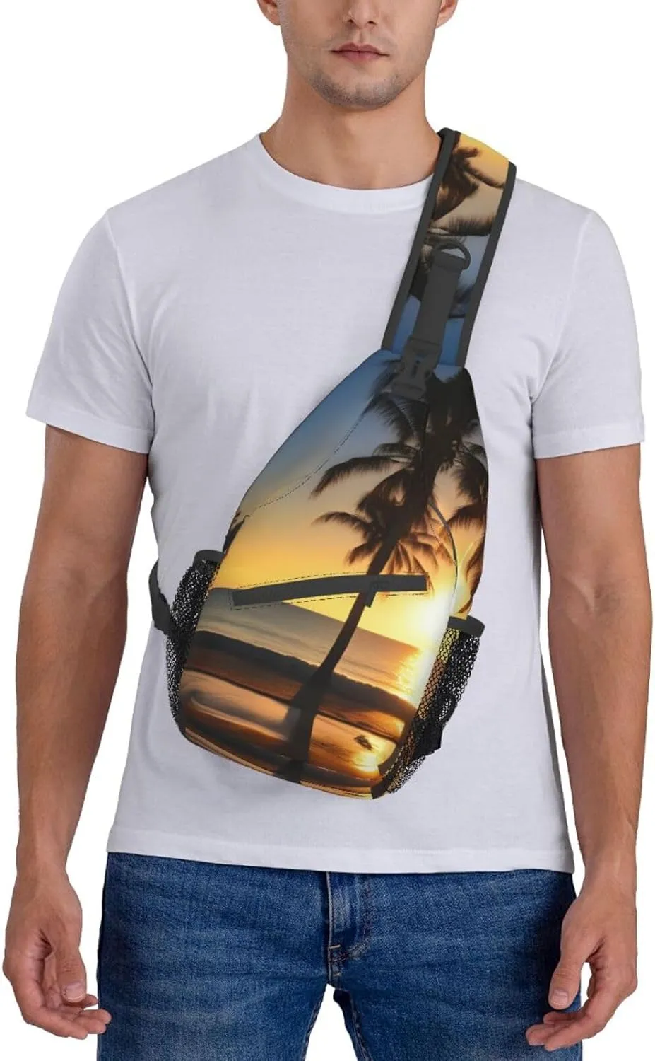 Beach Sunrise And Backlit Palm Tree Unisex Casual Diagonal Chest Bag,Multipurpose Crossbody Shoulder Bag Travel Hiking Daypack