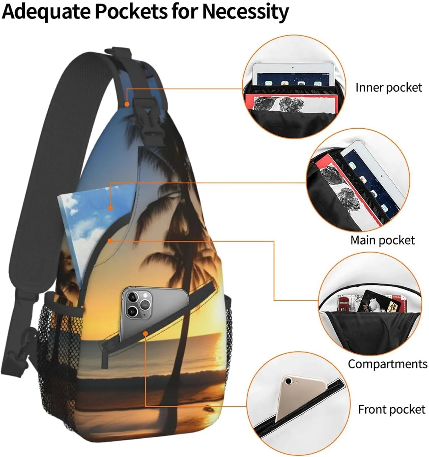 Beach Sunrise And Backlit Palm Tree Unisex Casual Diagonal Chest Bag,Multipurpose Crossbody Shoulder Bag Travel Hiking Daypack