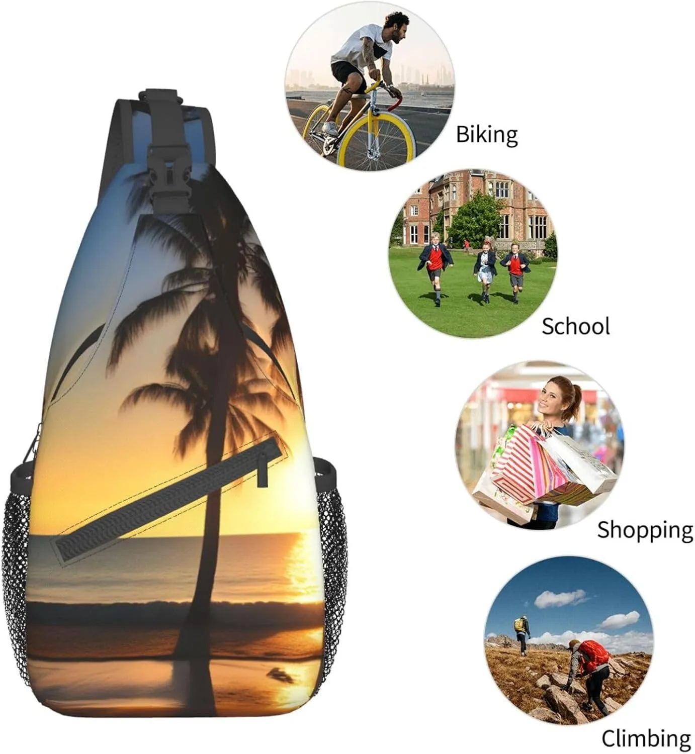 Beach Sunrise And Backlit Palm Tree Unisex Casual Diagonal Chest Bag,Multipurpose Crossbody Shoulder Bag Travel Hiking Daypack