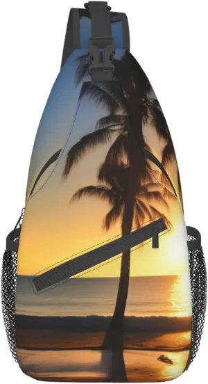 Beach Sunrise And Backlit Palm Tree Unisex Casual Diagonal Chest Bag,Multipurpose Crossbody Shoulder Bag Travel Hiking Daypack