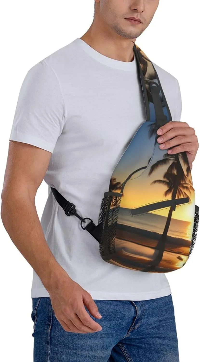 Beach Sunrise And Backlit Palm Tree Unisex Casual Diagonal Chest Bag,Multipurpose Crossbody Shoulder Bag Travel Hiking Daypack