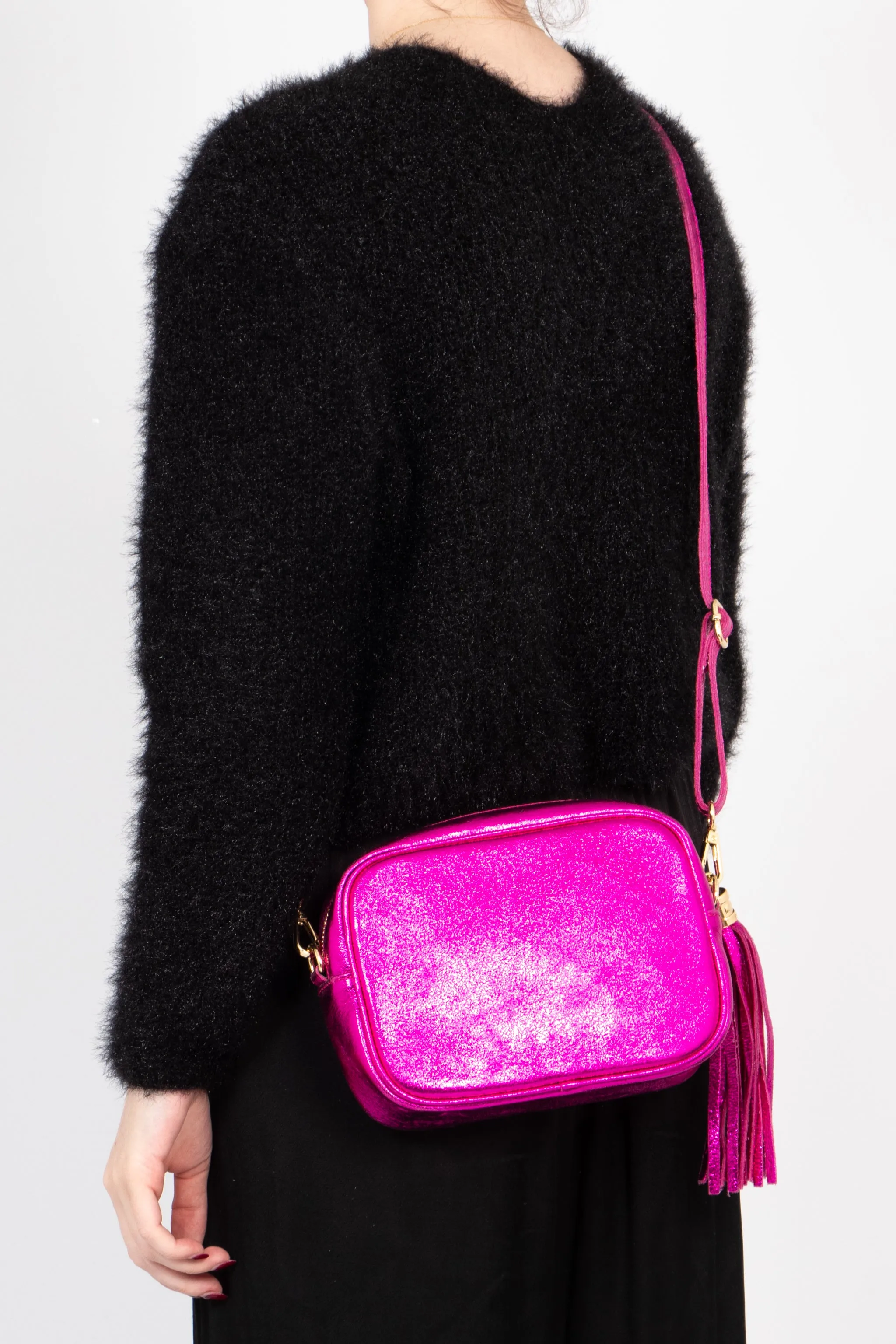 Beau Italian Leather Crossbody Bag - Raspberry, Metallic