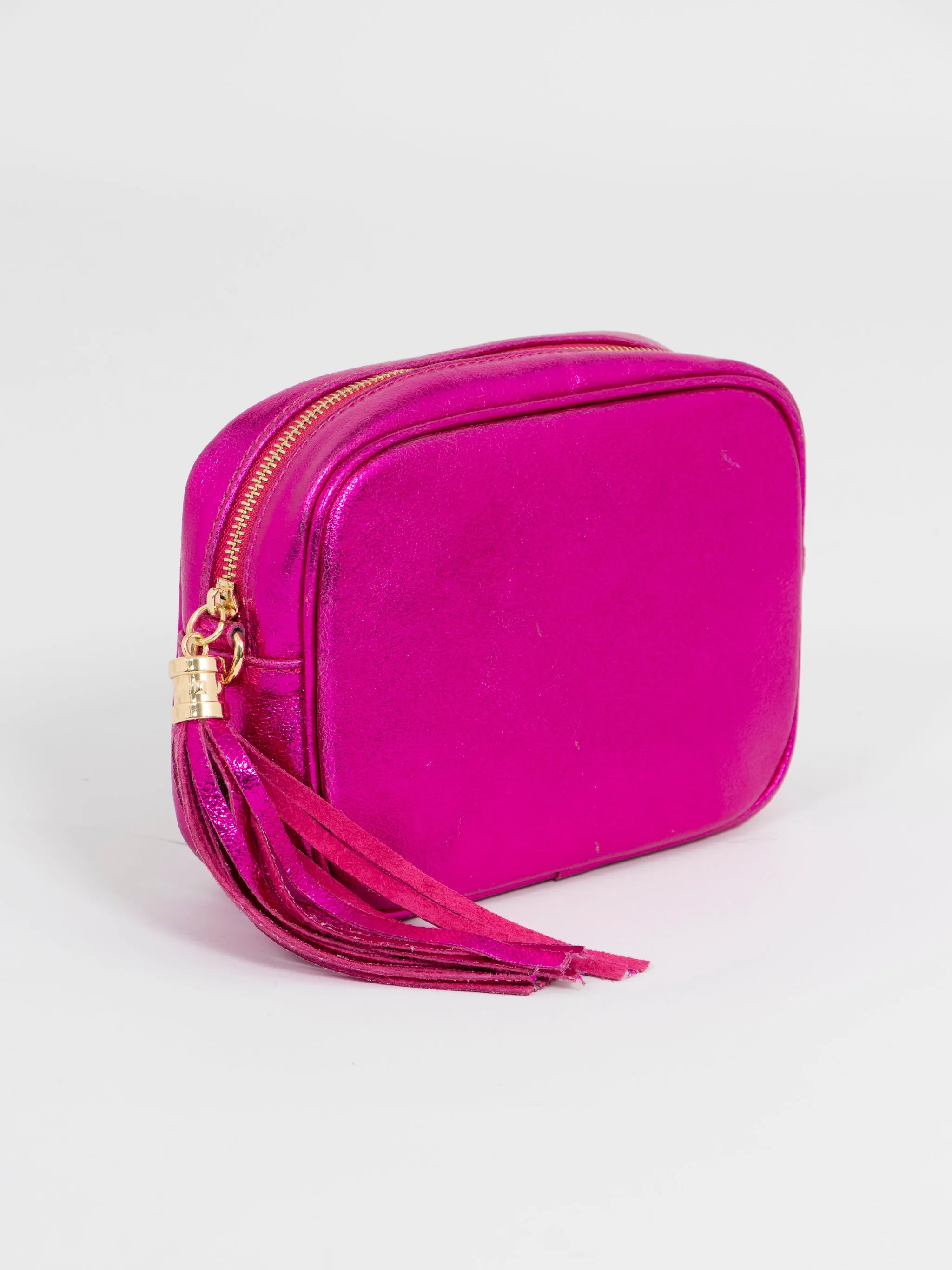Beau Italian Leather Crossbody Bag - Raspberry, Metallic