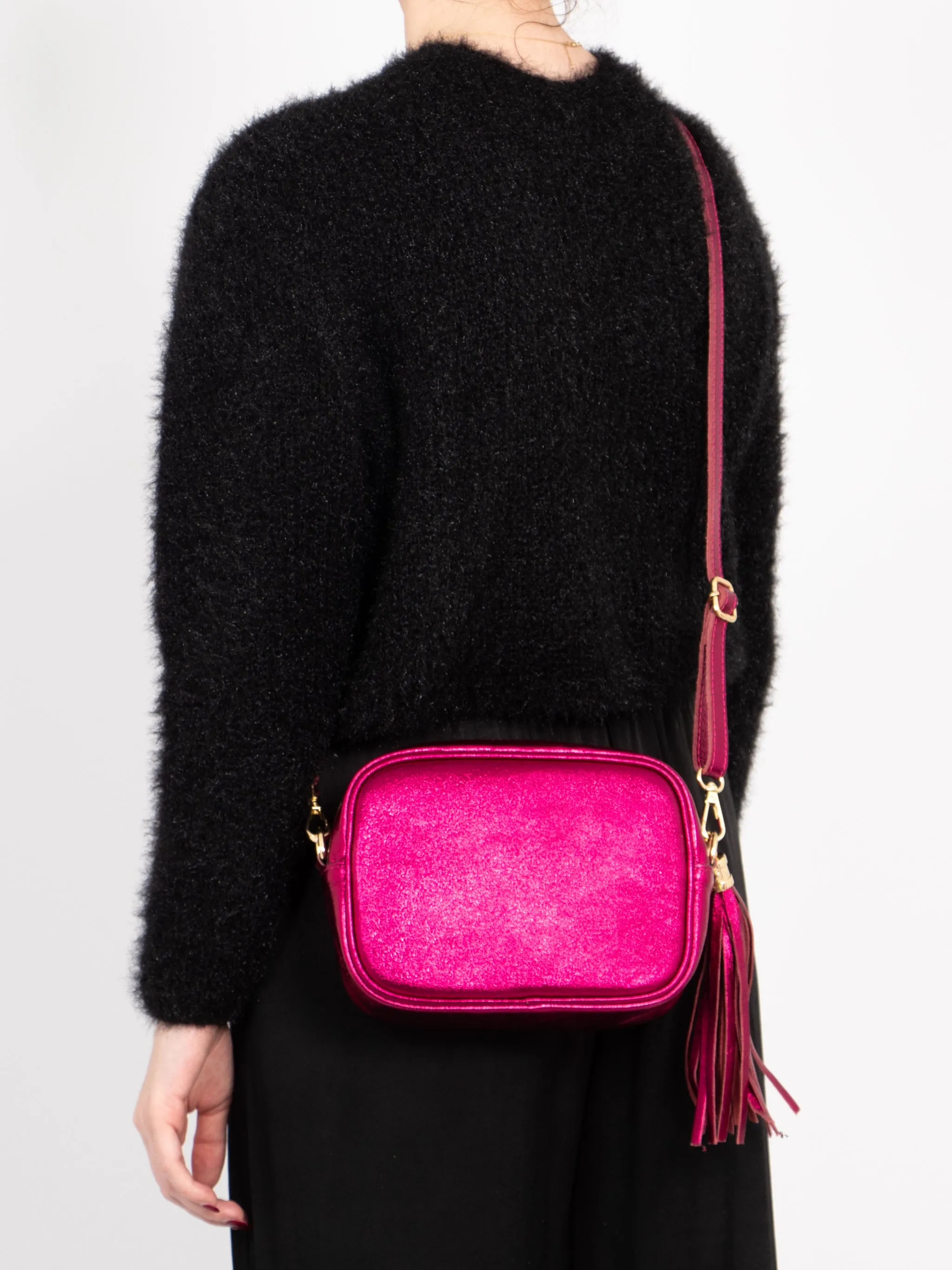 Beau Italian Leather Crossbody Bag - Raspberry, Metallic