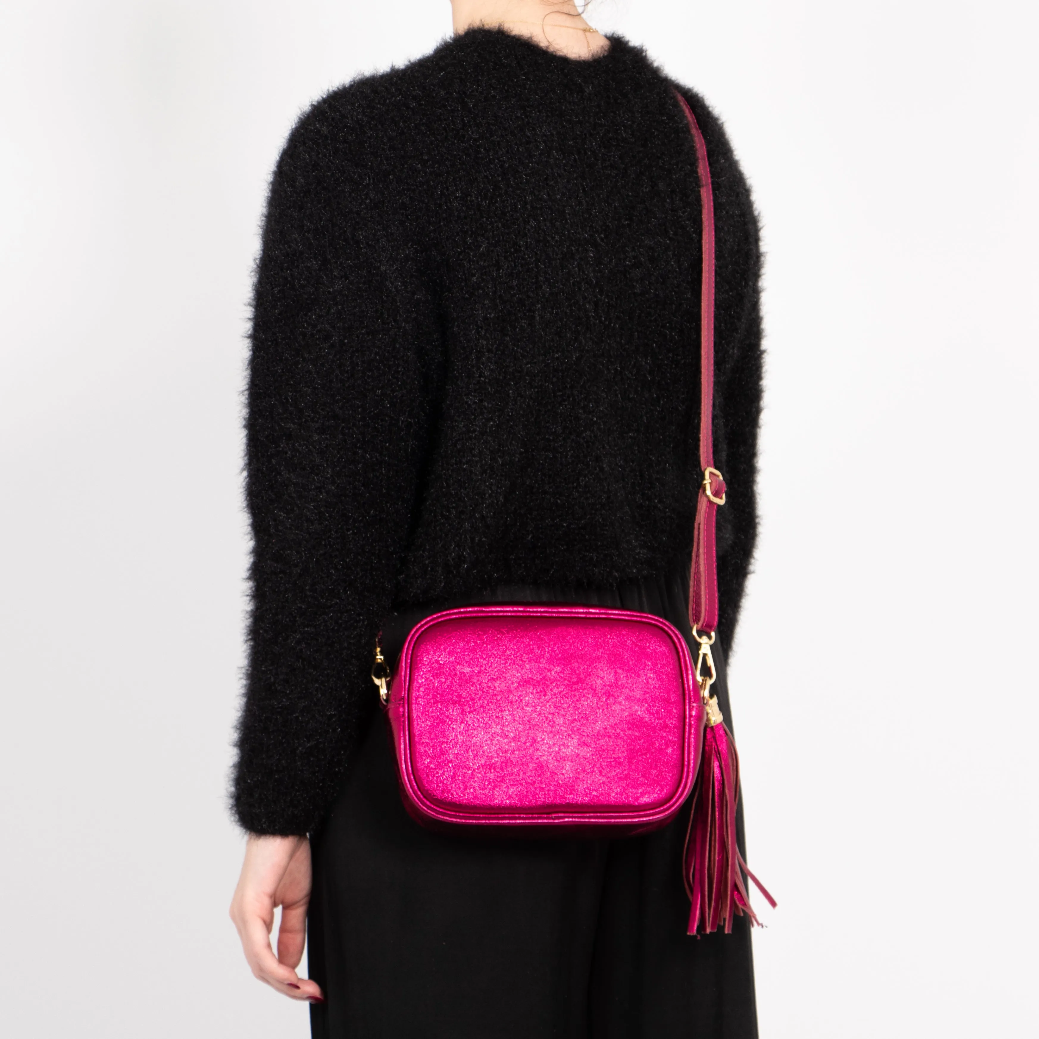 Beau Italian Leather Crossbody Bag - Raspberry, Metallic