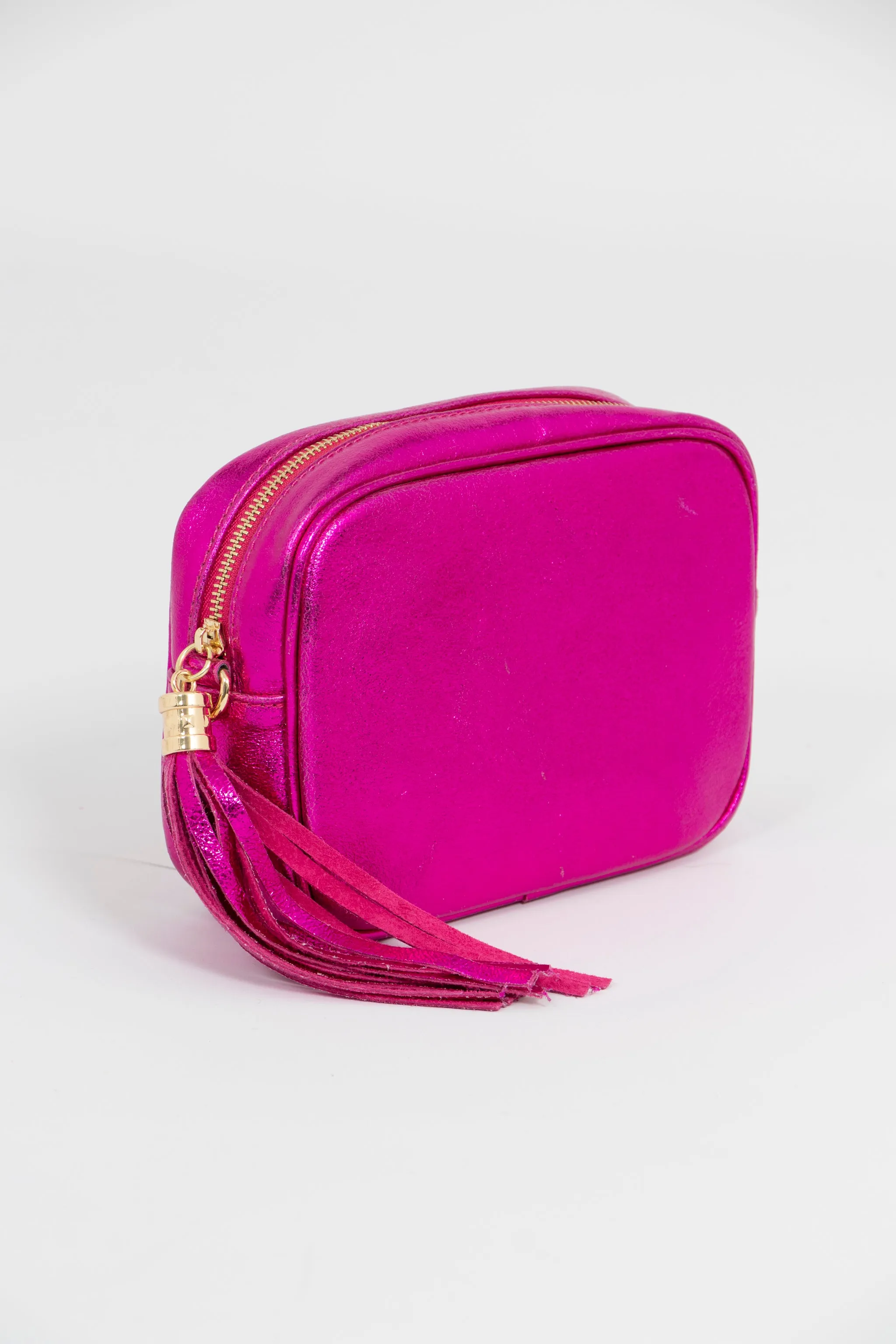 Beau Italian Leather Crossbody Bag - Raspberry, Metallic