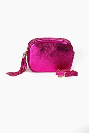 Beau Italian Leather Crossbody Bag - Raspberry, Metallic