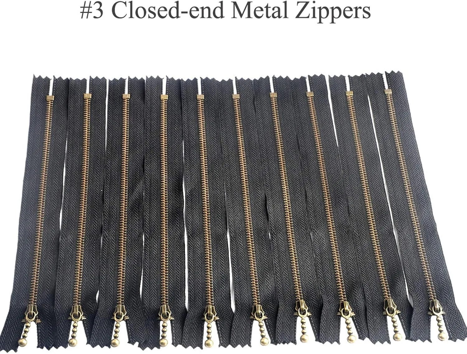 Beaulegan Metal Zippers 10 Pcs - #3 Antique Brass Close-end 7.9 Inch (20 cm), Black